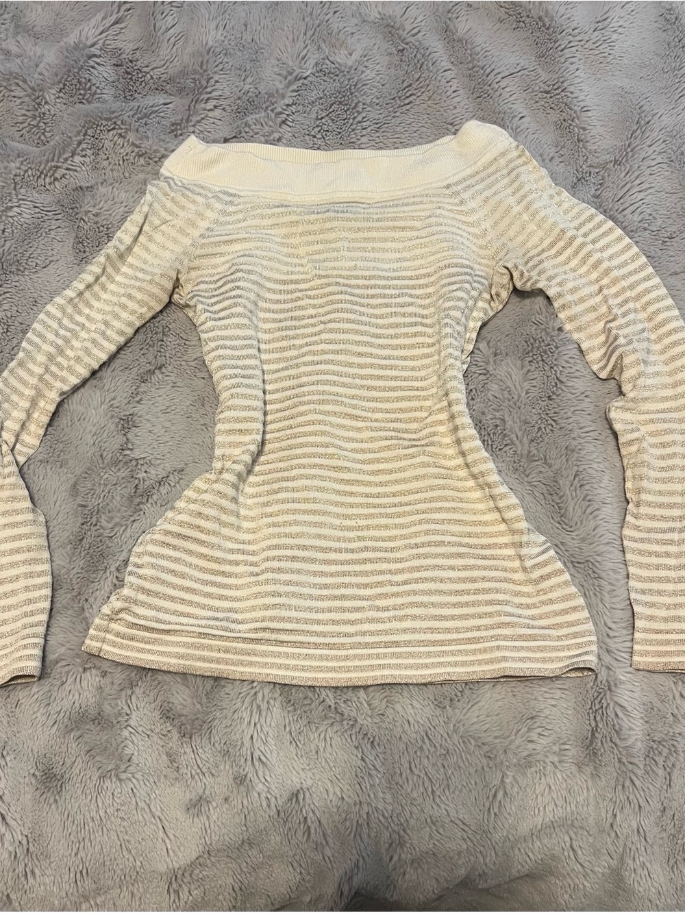 White House Black Market Cream and Light Gray Striped Off-Shoulder Sweater